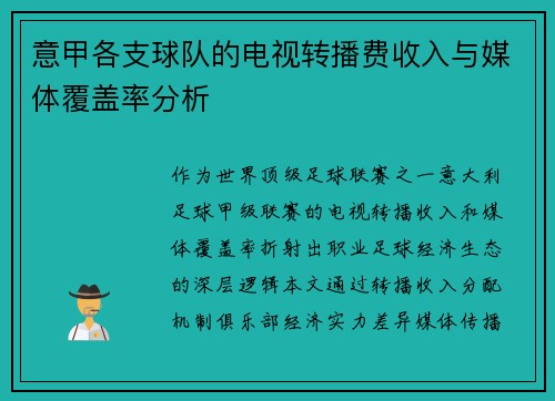 意甲各支球队的电视转播费收入与媒体覆盖率分析