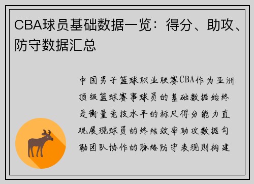 CBA球员基础数据一览：得分、助攻、防守数据汇总