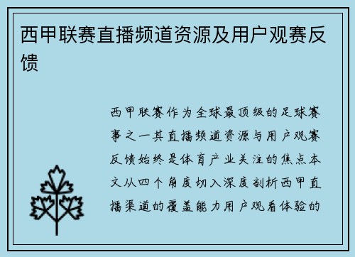 西甲联赛直播频道资源及用户观赛反馈